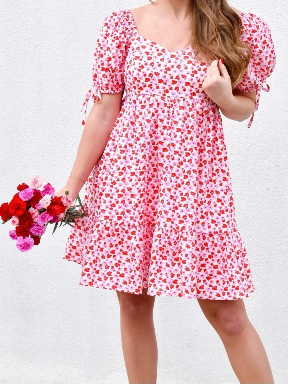Pink & Red Floral Puff-Sleeve Sweetheart Dress